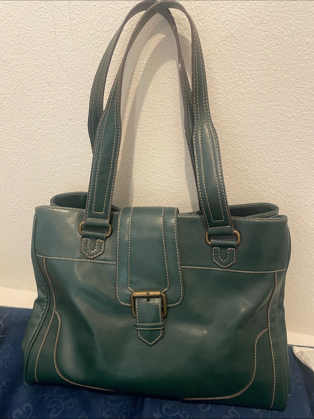 Teal Leather Tote with Buckle Strap